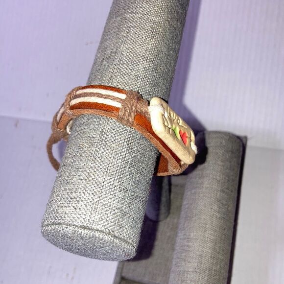 LOVE Arrow Hearts Leather and Stone Tie Brown Cream Red Green Bracelet 8 inches - Picture 9 of 10